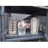 Cage containing glass vases and fruit bowls plus floral decorated pot and vase