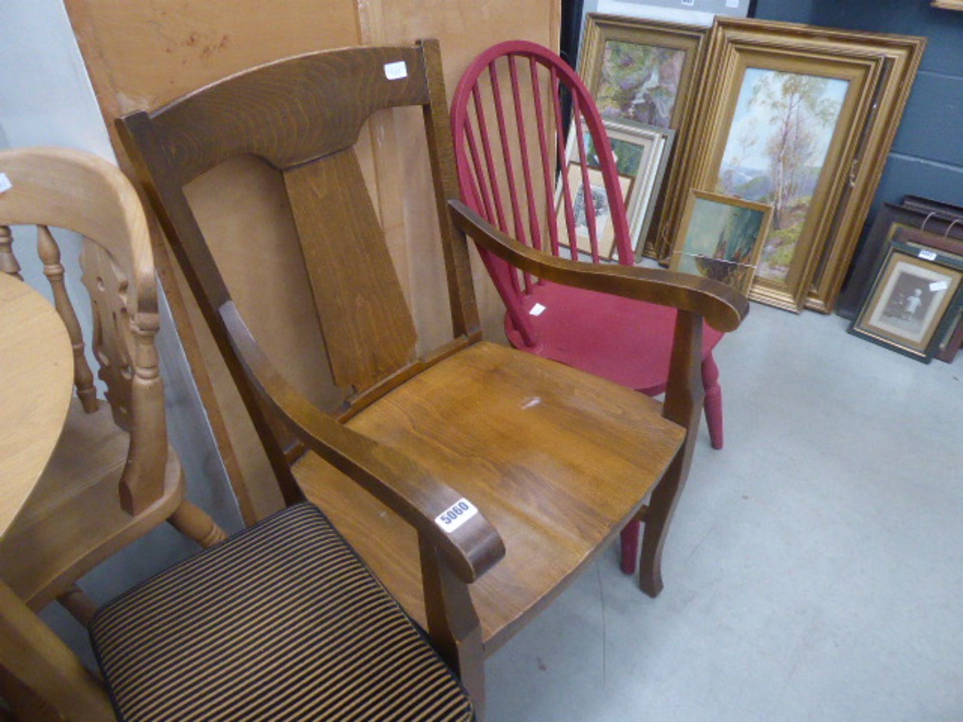 Beech framed armchair together with a red painted stick back chair