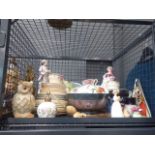Cage containing ornamental figures, general China and an atomiser