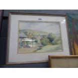 Watercolour by Marion Hague of a cottage and hill scene