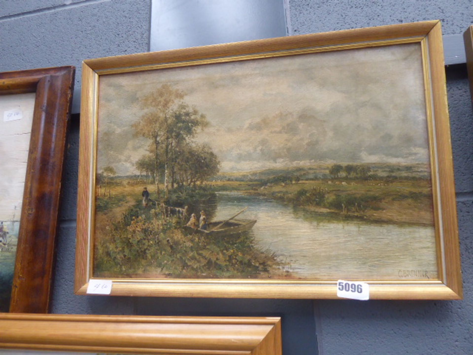 Framed and glazed textured print on canvas of a river scene with a couple in a boat and cattle in