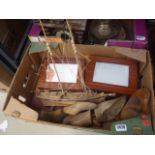 (21) Box containing picture frames, shoe last and a model sailing boat