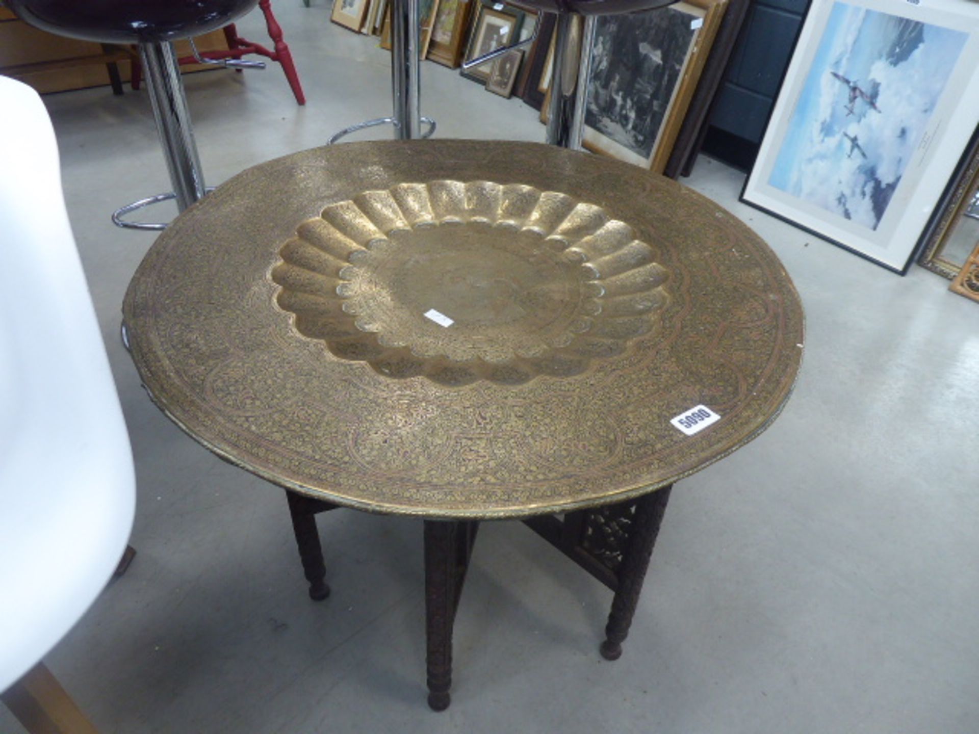 Brass topped and engraved Middle Eastern table