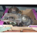 (20) Box containing a copper samovar, silver plated trays and a mantle clock