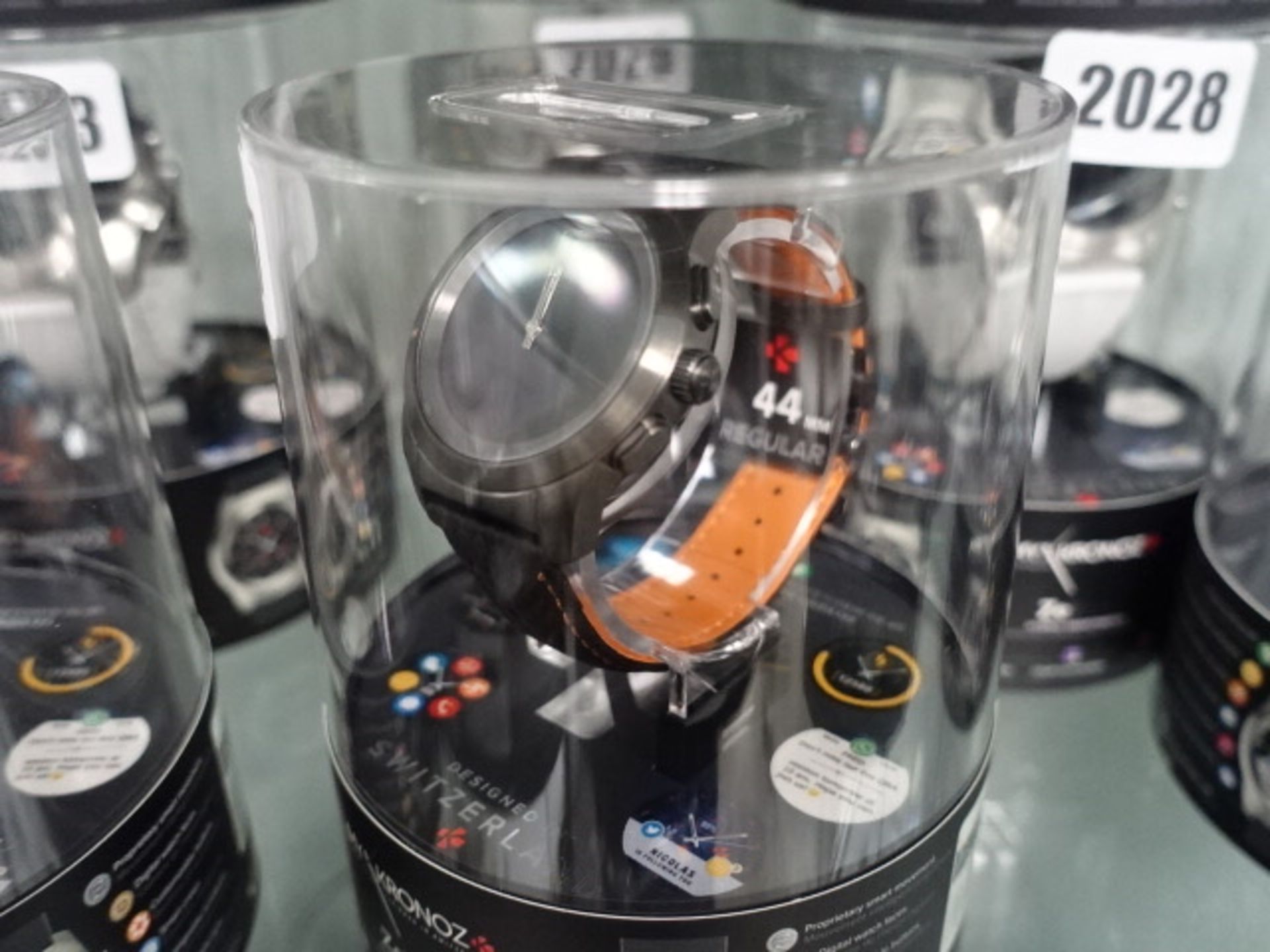 Mykronoz ZETime 44mm hybrid smart watch with black dial and black leather strap with orange accent