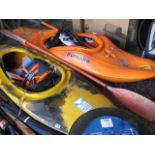 (1238) Pair of Piranha kayaks in yellow and orange with paddles and life jackets