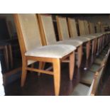 4 dark stained 4 seater bar tables with 16 Morgan wooden framed beige upholstered restaurant chairs