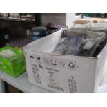(2447) Quantity of car parts, cables, etc. in box and on shelf