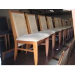 4 dark stained 4 seater bar tables with 16 Morgan wooden framed beige upholstered restaurant chairs