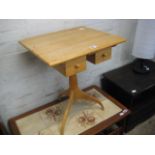 Blonde wood tripod table with 2 drawers