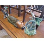 Wooden carved crocodile and 2 dragon ornaments