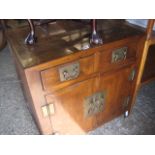 Oak rustic double door cabinet with drawers over