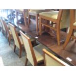 4 dark stained pine 2 seater bar tables and 8 Morgan matching wooden framed beige upholstered