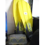 Pair of Tusa scuba diving flippers with goggles