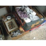 3 trays of crockery, cutlery, pictures, etc.