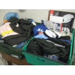 2 trays of various clothing, sports socks, golf clubs, etc.