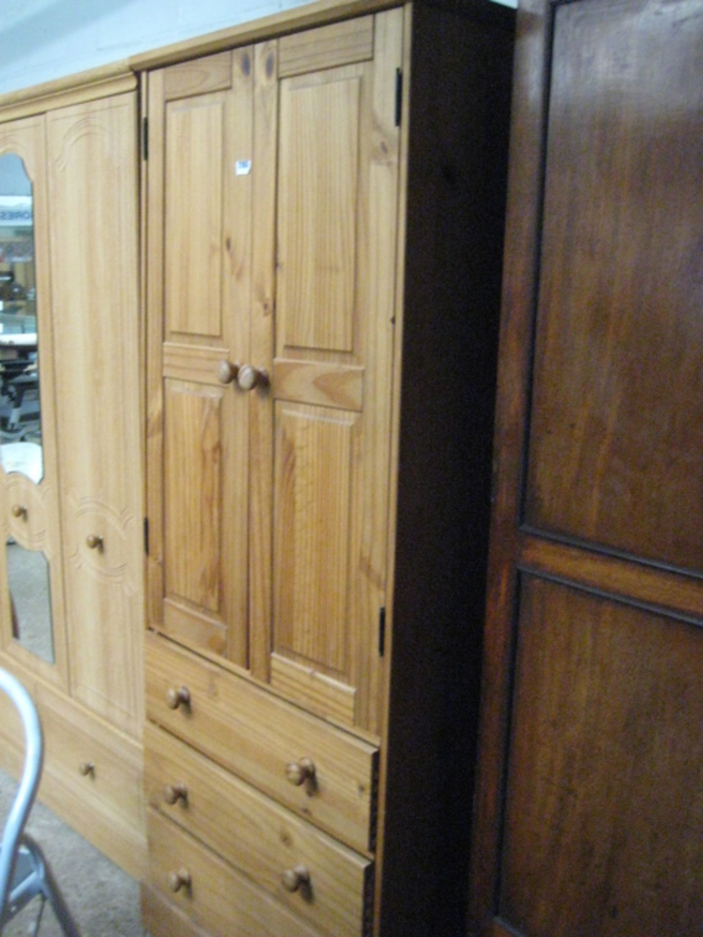 Pine small double door wardrobe with 3 drawers under