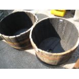 (1251) Pair of half barrel wooden garden planters