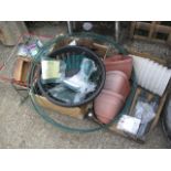 3 boxes containing misc. outdoor items incl. plant stem ties, plastic plant pots, Tedward outdoor