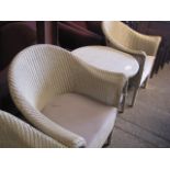 Pair of Lloyd Loom off white tub style dining chairs with matching circular coffee table