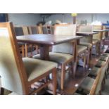 4 dark stained pine 2 seater bar tables and 8 Morgan matching wooden framed beige upholstered