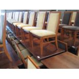 4 dark stained 4 seater bar tables with 16 Morgan wooden framed beige upholstered restaurant chairs