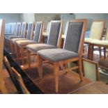 4 dark stained 4 seater bar tables with 16 Morgan wooden framed brown upholstered restaurant chairs