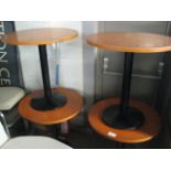 Set of 4 circular wooden bar tables on single pedestal cast metal bases