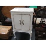 (2077) White small 2 door cabinet on cabriole supports