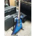 Blue electric guitar with stand