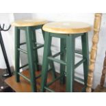 (2080) Pair of green painted beech top kitchen stools