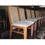 4 dark stained 4 seater bar tables with 16 Morgan wooden framed beige upholstered restaurant chairs