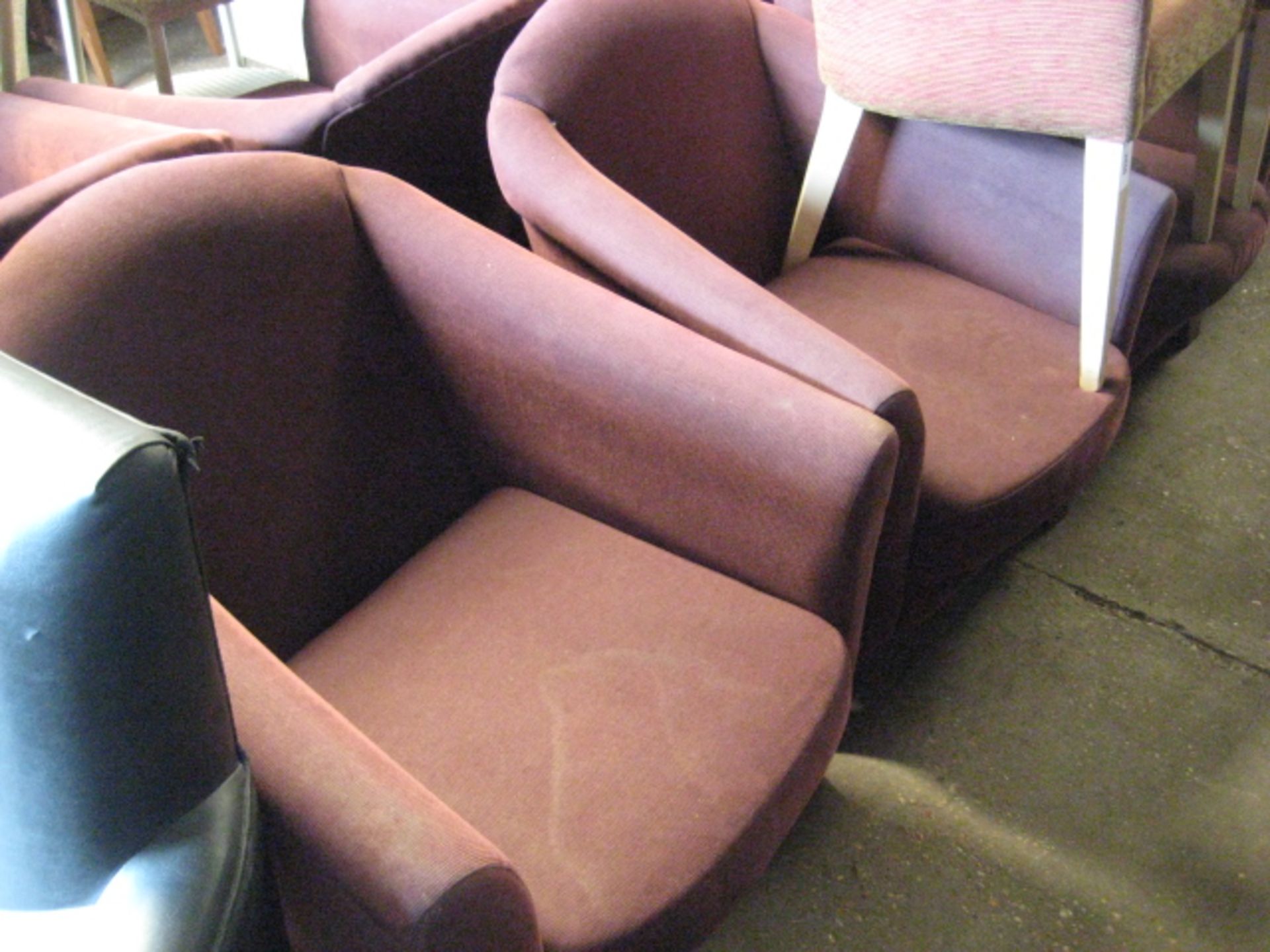Pair of maroon fleck upholstered tub style bar seats by Ace Contract Furniture