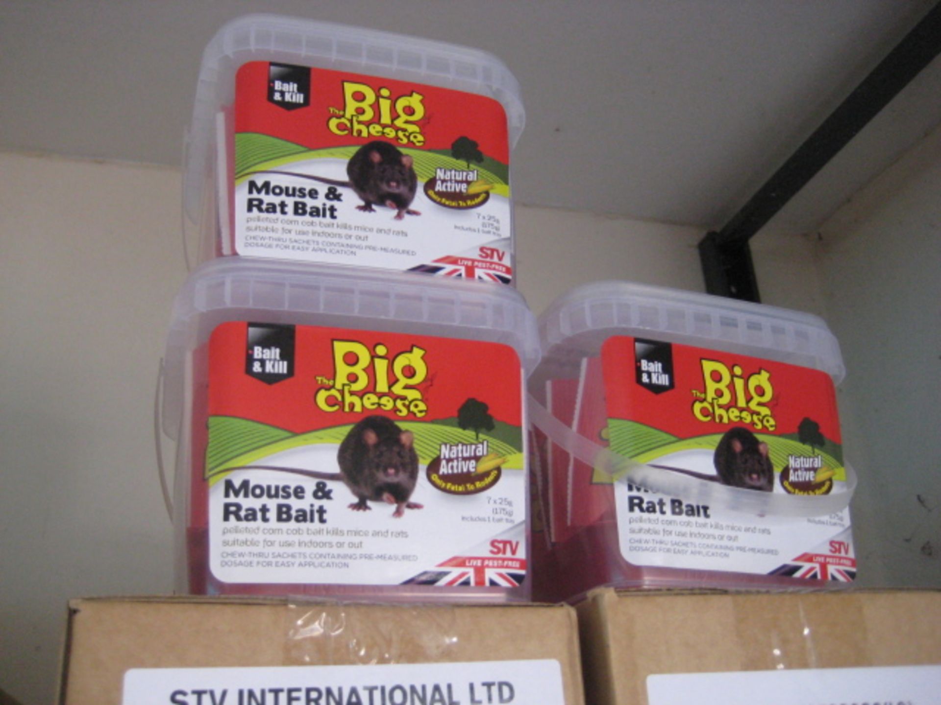 5 boxes containing Big Cheese mouse and rat bait