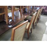 4 dark stained pine 2 seater bar tables and 8 Morgan matching wooden framed beige upholstered