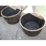 (1251) Pair of half barrel wooden garden planters