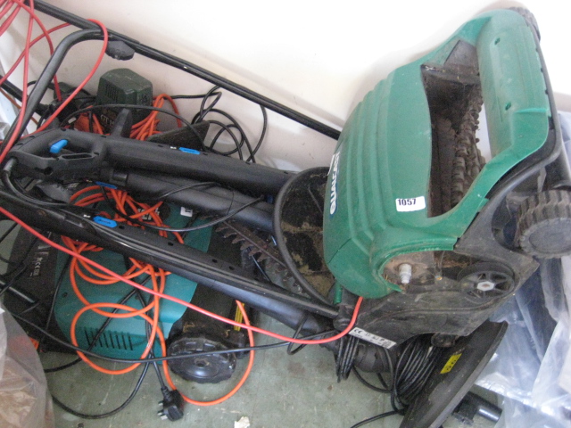 2 electric Qualcast scarifiers with 3 MacAllister electric strimmers