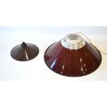 A large brown plastic ceiling light together with a 1970's brown enamelled light