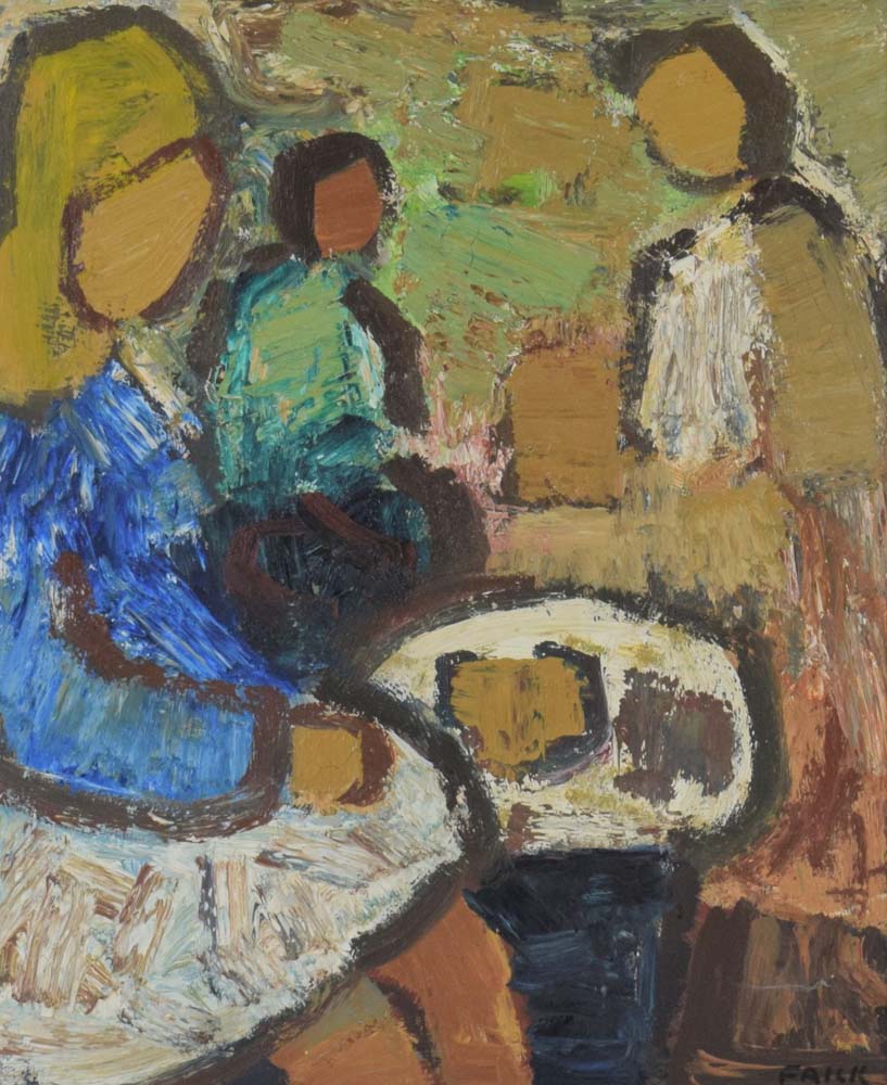 Gosta Falck (Swedish, 1920-2006), Three people around a table, signed, oil on canvas,