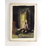 Tom Imelli(?), A woman standing in a lit doorway, indistinctly signed and dated '48, watercolour,