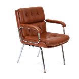 A brown leather and button upholstered office armchair with a chromed frame and legs *Sold