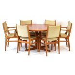A 1970/80's Danish dining suite including a teak and crossbanded extending table, 125 to 179 cm,