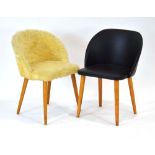 Two 1960's Swedish cocktail chairs upholstered in yellow faux fur and black vinyl,