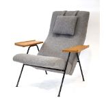 Robin Day, a 'Reclining Chair' with grey button upholstery, a weighted headrest,