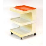 A 1960's white plastic three-tier trolley with a removeable orange tray,