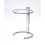 An Eileen Gray E1027 side table, the glass surface on chromed supports, d.