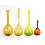 Four Swedish long-necked glass vases in various colours,