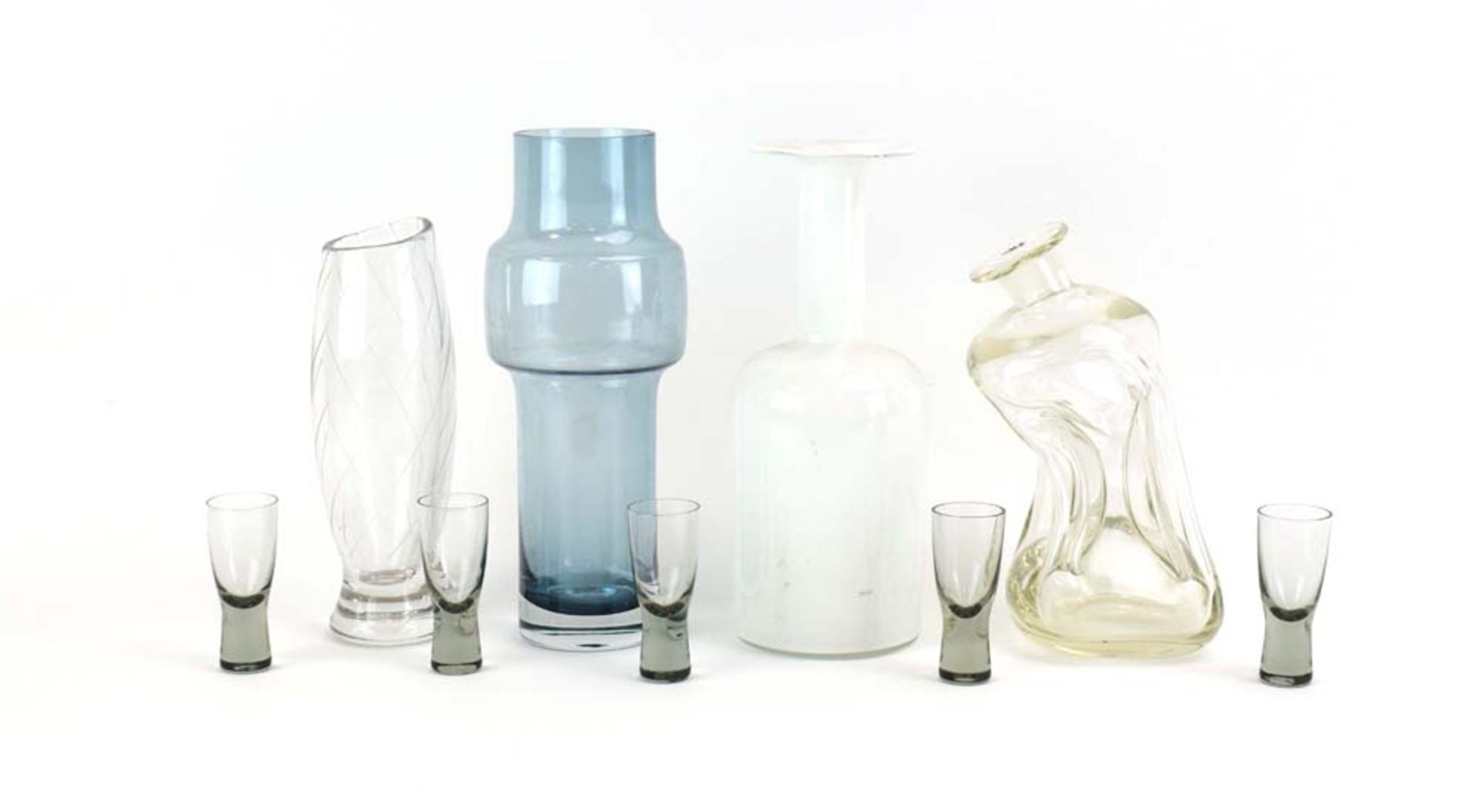 A group of Scandinavian glass including a decanter, an Otto Brauer Holmegaard opaline bottle vase,