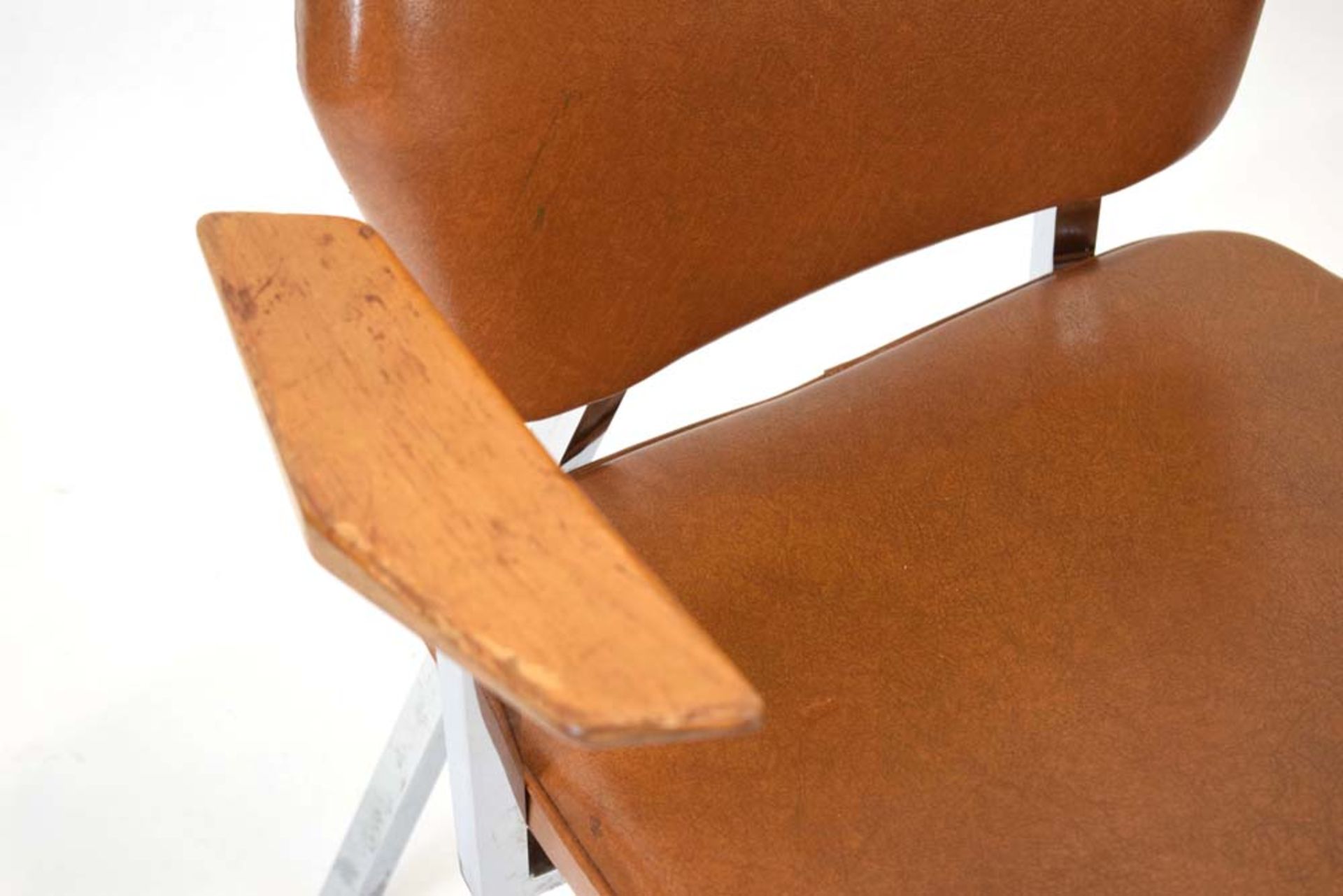 A pair of Swedish armchairs with tan vinyl upholstery, teak angular arms and chromed frames, - Image 2 of 3