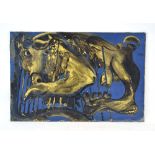 Baldwin (20th Century), An abstract study of a golden bull on a blue ground, signed,